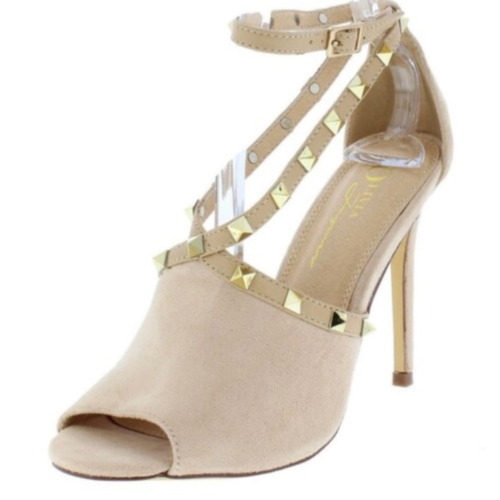 NIB Olivia Jaymes Suede Studded Ankle Strap Stilettos